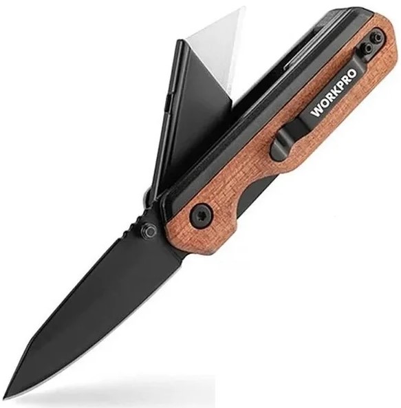 Нож складной комбинированный "WORKPRO" с двумя видами лезвий и деревянной рукояткой WP211015 в Челябинске 