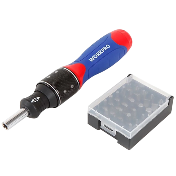 Отвертка реверсивная WORKPRO 30-В-1 PRO с трещоткой 6X DRIVE Dual-Drive биты 30шт. 25мм  WP221055 в Екатеринбурге 